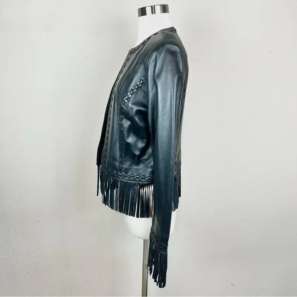 Cache Western Black Leather Fringe Zip Coat - Picture 3 of 8
